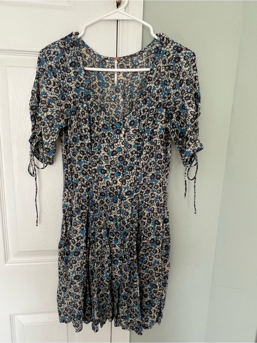 Free People Blue Floral Mini Dress with Ruched Short Sleeves